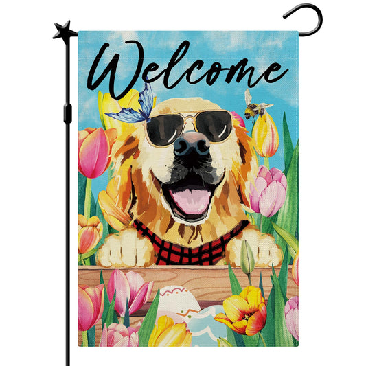 CMEGKE Spring Golden Retriever Tulip Garden Flag, Spring Golden Retriever Dog Flag, Easter Garden Flag Spring Summer Vertical Double Sided Burlap Welcome Dog Floral Holiday Party Rustic Farmhouse Yard Home Outdoor Decoration 12.5 x 18 In