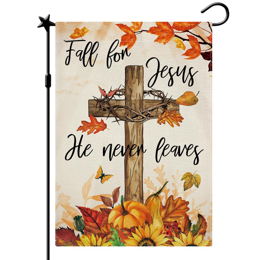 CMEGKE Fall For Jesus He Never Leaves Garden Flag Fall Pumpkin Flag Thanksgiving Garden Flag Pumpkins Yard Flag, Fall Flag for Garden Double Sided Burlap Seasonal Yard Farm Outdoor Decor 12.5 x 18 In