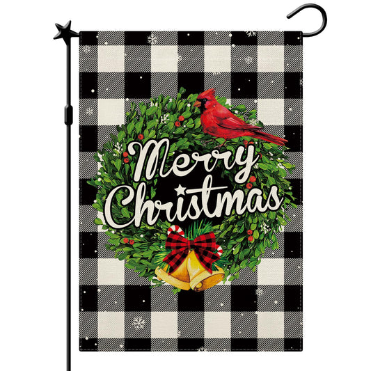 CMEGKE Merry Christmas Garden Flag Christmas Wreath Garden Flag Black White Buffalo Plaid Check Double Sided Winter Yard Flag Holiday Outdoor Flag Home Farm Christmas Decor Outdoor 12.5 x 18 In