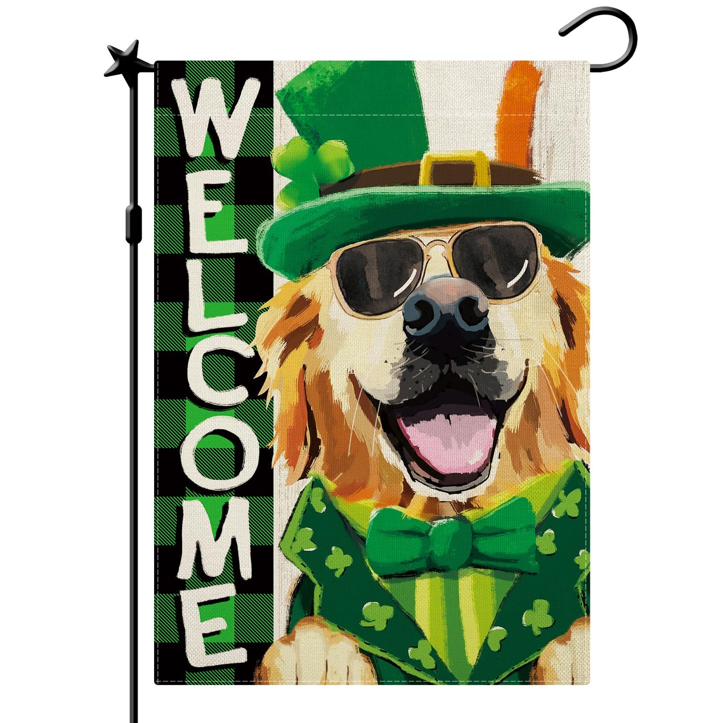 CMEGKE St. Patrick's Day Golden Retriever Garden Flag, St Patrick's Day Dog Garden Flag, Spring Summer Garden Flag Rustic Vertical Double Sided Burlap ST Patricks Day Holiday Party Farmhouse Yard Home Outside Decor 12.5 x 18 In