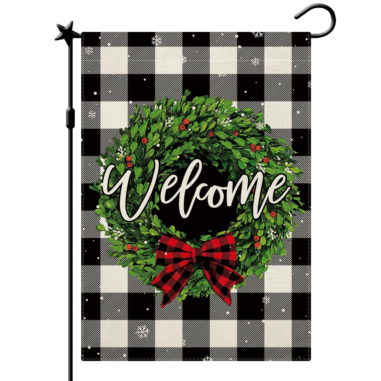 CMEGKE Christmas Garden Flags Welcome Wreath Garden Flag Black White Buffalo Plaid Check Double Sided Winter Yard Flag Holiday Outdoor Flag Home Farmhouse Christmas Decorations Outdoor 12.5 x 18 In