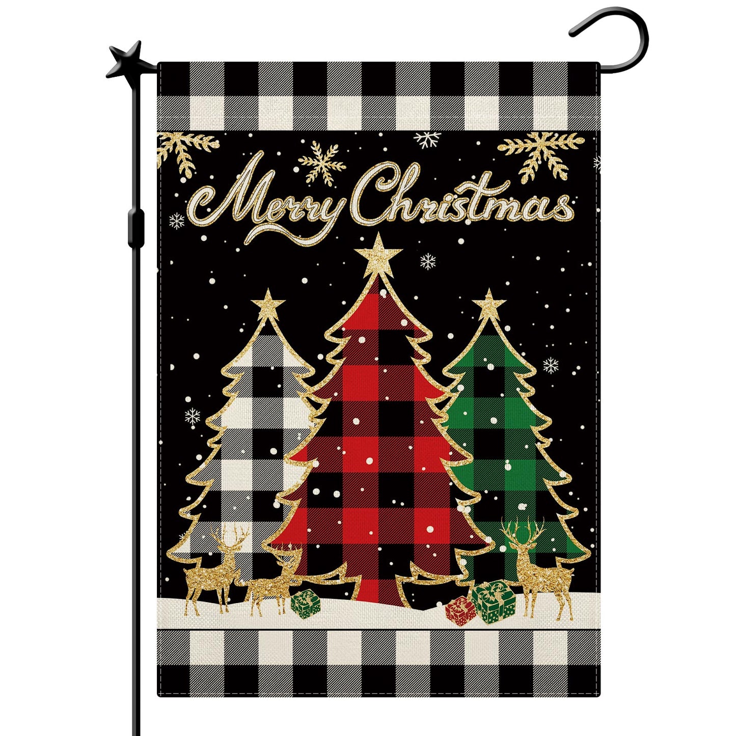 CMEGKE Merry Christmas Garden Flag Christmas Tree Garden Flags Black White Buffalo Plaid Check Double Sided Winter Yard Flag Holiday Outdoor Flag Home Farmhouse Christmas Decor Outdoor 12.5 x 18 In