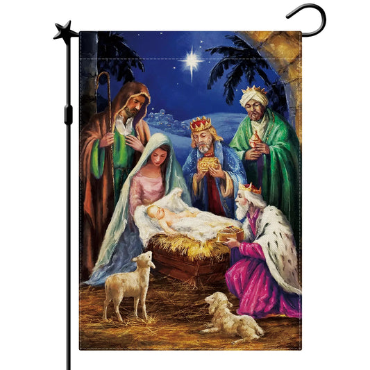 CMEGKE Jesus Nativity Scene Christmas Garden Flags Religious Christmas Garden Flag, Winter Garden Flags for Outside Double Sided Winter Yard Flag Home Yard Farm Christmas Decor Outdoor 12.5 x 18 In