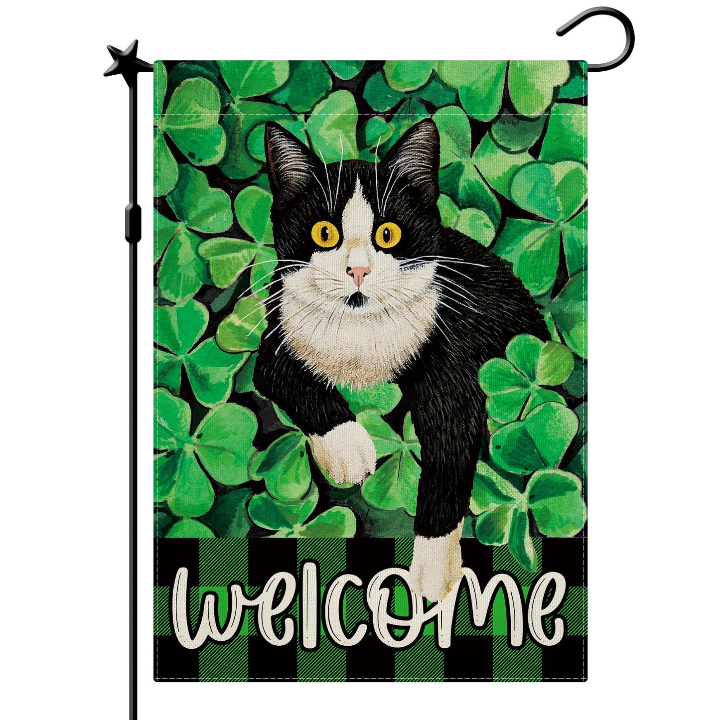 CMEGKE St. Patrick's Day Cat Garden Flag, St Patrick's Day Garden Flag, Green Shamrocks Cat Welcome Garden Flag Spring Summer Garden Flag Rustic Vertical Double Sided Burlap ST Patricks Day Holiday Party Farmhouse Yard Home Outside Decor 12.5 x 18 In