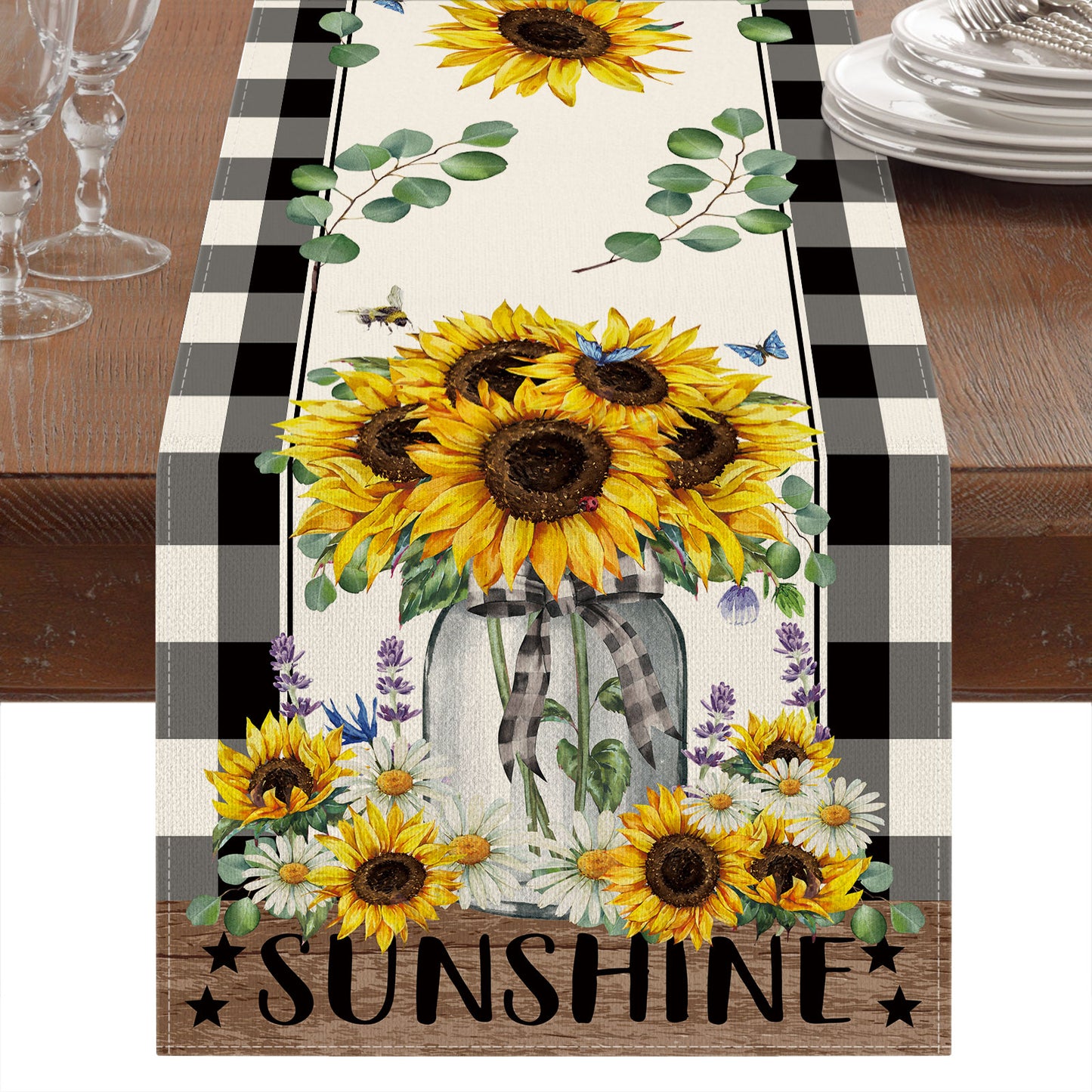 CMEGKE Sunflower Table Runner, Buffalo Floral Table Runner, Kitchen Dining Table Decor for Seasons Spring Summer Fall Farmhouse Home Party Indoor Outdoor Decor 13x72 in