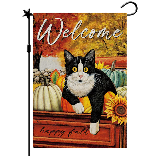 CMEGKE Fall Cat Garden Flag Cat Autumn Thanksgiving Garden Flag Hello Fall Yard Flag, Fall Flag for Garden Double Sided Burlap Seasonal Home Cat Autumn Farmhouse Outdoor Decor 12.5 x 18 In