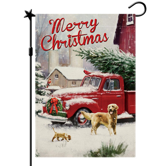 CMEGKE Merry Christmas Garden Flag, Winter Rustic Red Truck Garden Flags, Christmas Flags Double Sided Xmas Flags Holiday Outdoor Flag Home Yard Farmhouse Christmas Decorations Outdoor 12.5 x 18 In