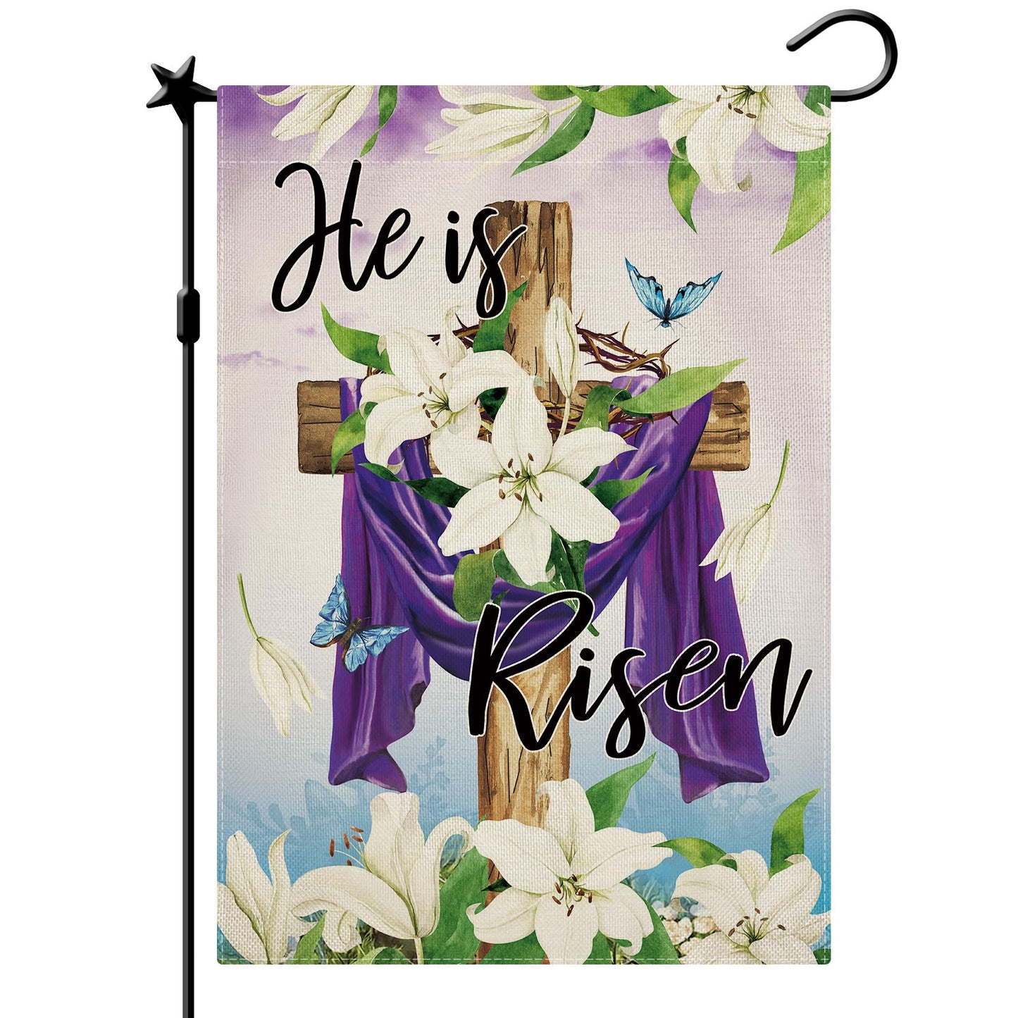 CMEGKE He is Risen Garden Flag, Spring Easter Religious Cross Flag, Easter Flag Spring Lily Vertical Double Sided Burlap Easter Religious Holiday Party Rustic Farmhouse Yard He Is Risen Outdoor Decoration 12.5 x 18 In