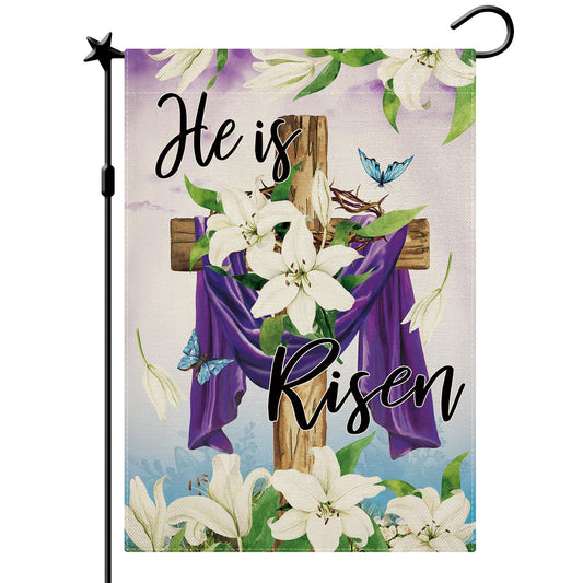 CMEGKE He is Risen Garden Flag, Spring Easter Religious Cross Flag, Easter Flag Spring Lily Vertical Double Sided Burlap Easter Religious Holiday Party Rustic Farmhouse Yard He Is Risen Outdoor Decoration 12.5 x 18 In