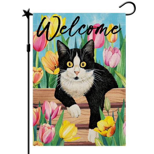 CMEGKE Cat Garden Flag, Summer Garden Flag, Tulip Cat Flags, Spring Summer Fall Vertical Double-Sided Burlap Welcome Cat Floral Holiday Party Rustic Farmhouse Yard Home Outdoor Decoration 12.5 x 18 In