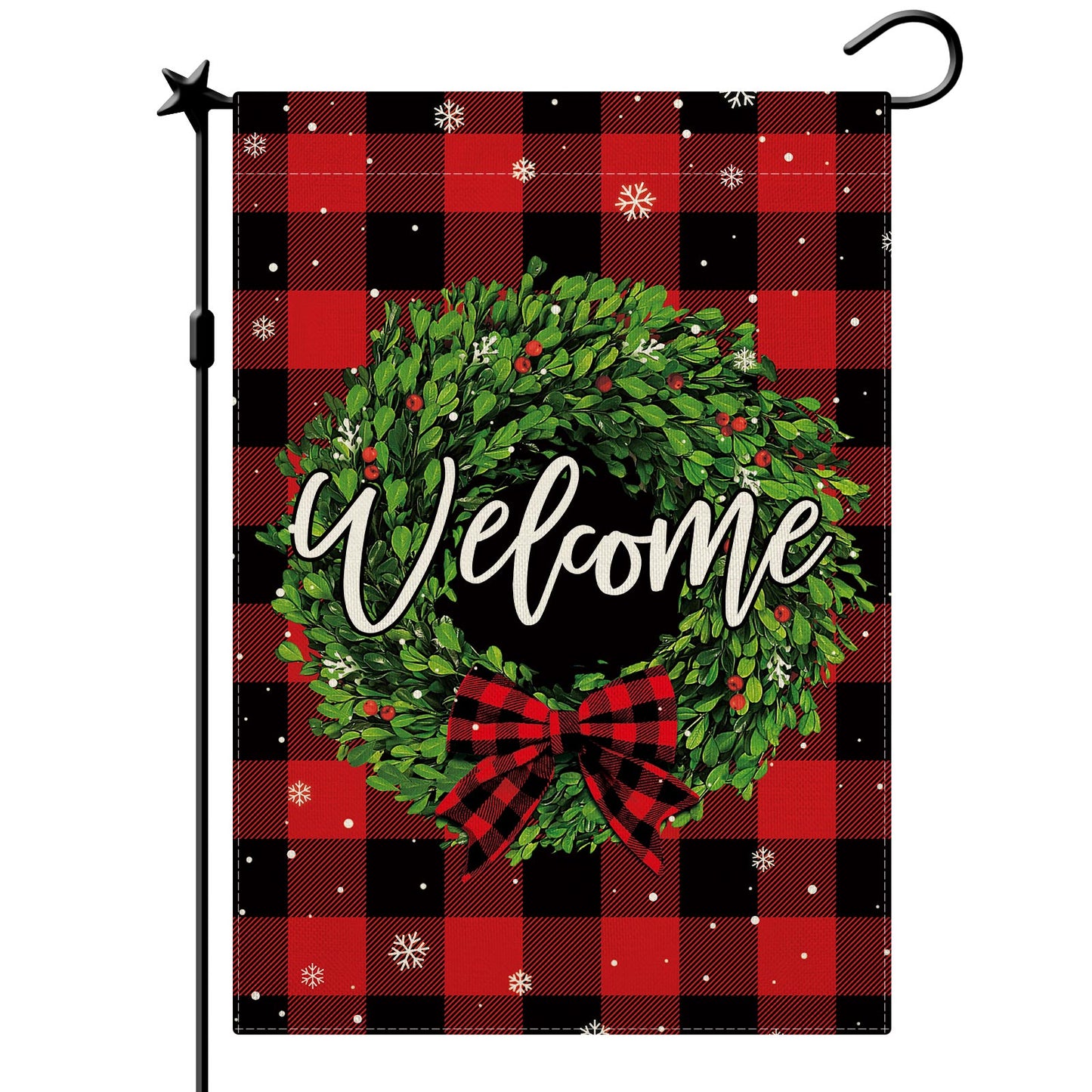 CMEGKE Christmas Garden Flag Welcome Wreath Garden Flag Red Buffalo Check Plaid Double Sided Winter Yard Flag Holiday Outdoor Flags Home Farmhouse Christmas Decorations Outdoor 12.5 x 18 In