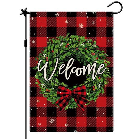 CMEGKE Christmas Garden Flag Welcome Wreath Garden Flag Red Buffalo Check Plaid Double Sided Winter Yard Flag Holiday Outdoor Flags Home Farmhouse Christmas Decorations Outdoor 12.5 x 18 In