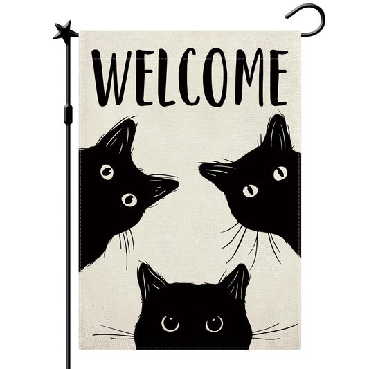 CMEGKE Black Cat Garden Flag Cat Flag Welcome Garden Flag Halloween Yard Flag Double Sided Burlap Holiday Halloween Farmhouse Home Outdoor Yard Decor Black Cat Halloween Decor 12.5 x 18 In