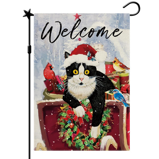 CMEGKE Merry Christmas Cat Garden Flag, Christmas Cat Flag Christmas Garden Flags for Outside Double Sided Winter Yard Flag Xmas Holiday Flag Home Yard Farm Christmas Decorations Outdoor 12.5 x 18 In