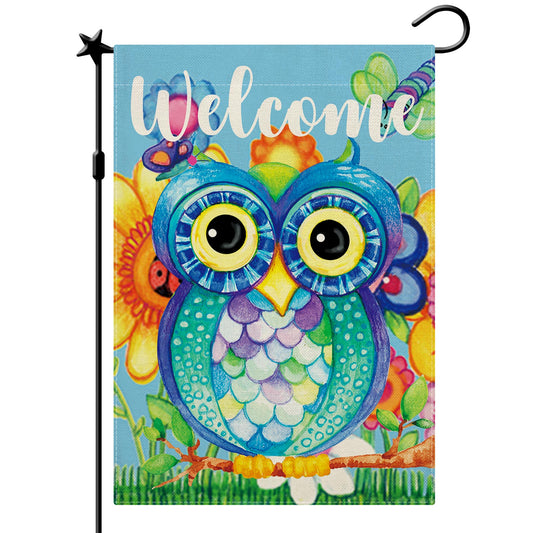 CMEGKE Owl Garden Flag, Summer Spring Owl Bird Garden Flags, Cute Owl Flags Spring Summer Rustic Vertical Double Sided Burlap Cute Owl Home Holiday Party Farmhouse Vintage Yard Lawn Outside Decorations 12.5 x 18 In