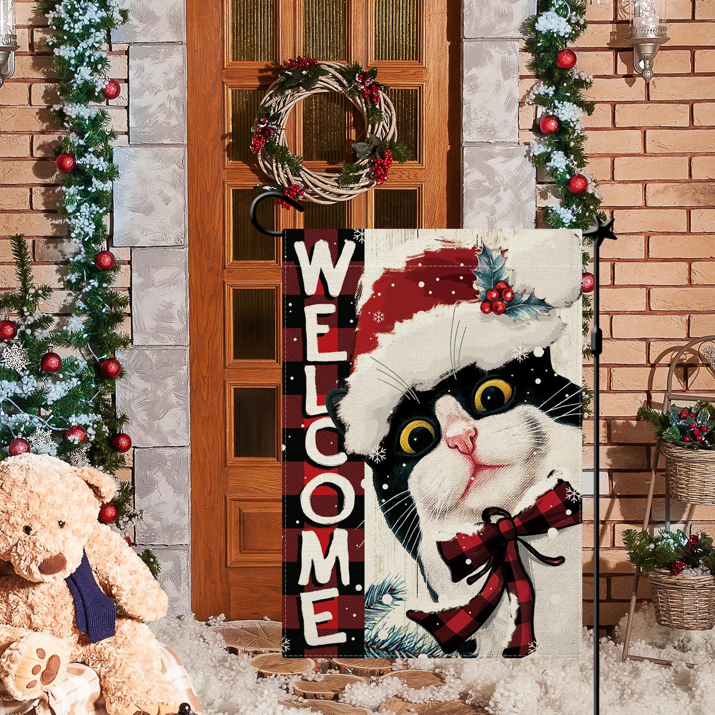 CMEGKE Christmas Cat Garden Flag Merry Christmas Cat Garden Flag, Christmas Garden Flags for Outside Double Sided Winter Yard Flag Xmas Holiday Flag Home Yard Farm Christmas Decor Outdoor 12.5 x 18 In