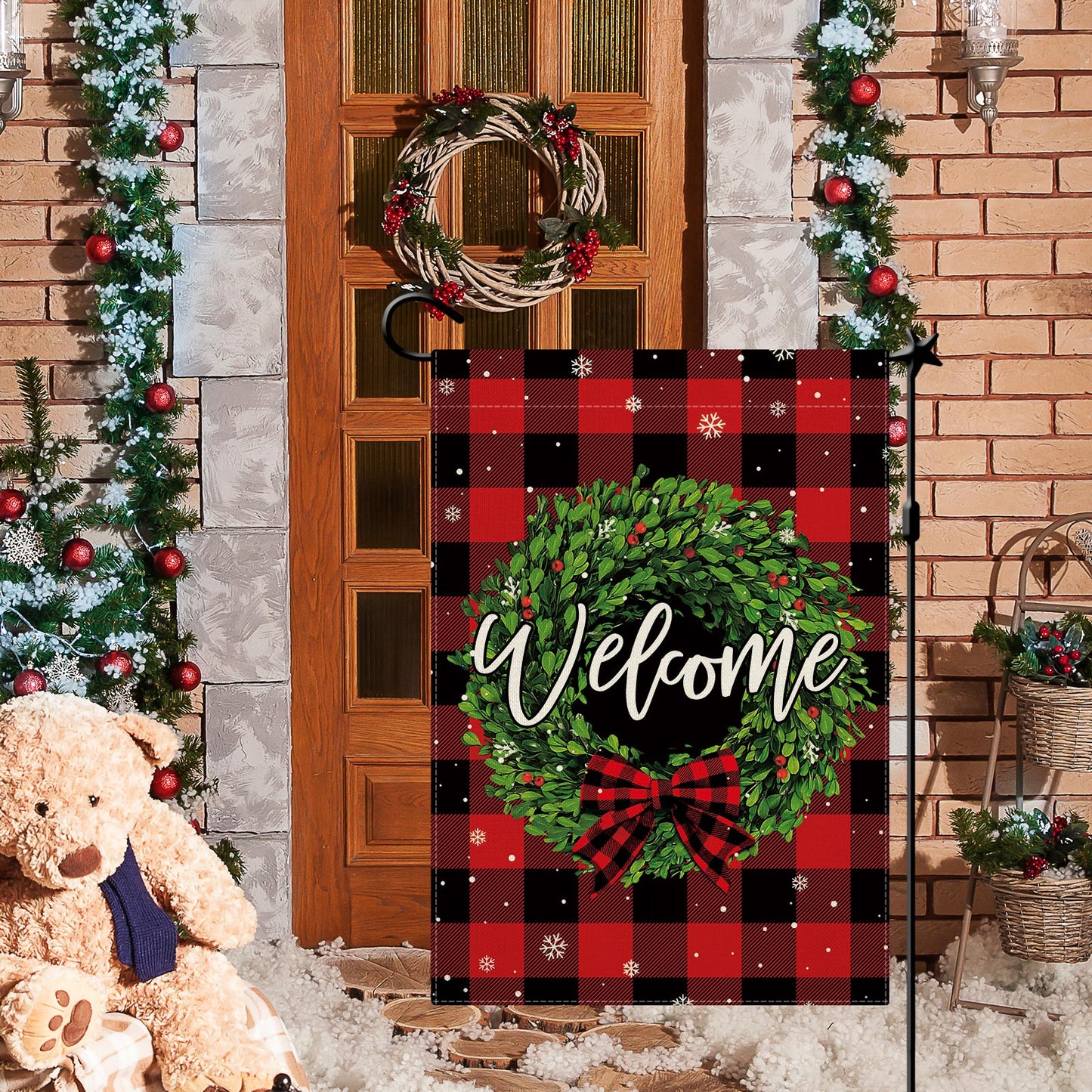 CMEGKE Christmas Garden Flag Welcome Wreath Garden Flag Red Buffalo Check Plaid Double Sided Winter Yard Flag Holiday Outdoor Flags Home Farmhouse Christmas Decorations Outdoor 12.5 x 18 In