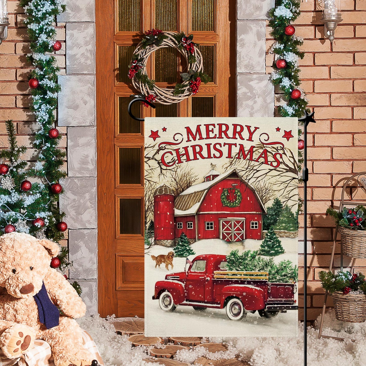 CMEGKE Merry Christmas Garden Flag, Xmas Red Truck Garden Flags, Christmas Flags Double Sided Winter Rustic Flags Holiday Outdoor Flag Home Yard Farmhouse Christmas Decorations Outdoor 12.5 x 18 In