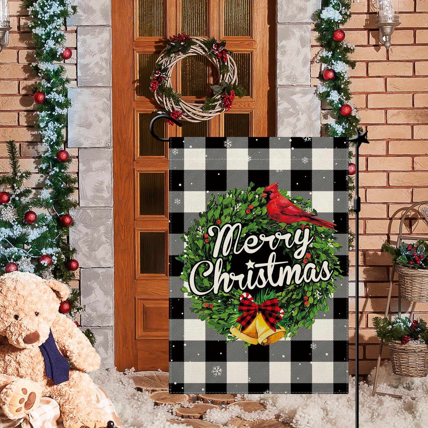 CMEGKE Merry Christmas Garden Flag Christmas Wreath Garden Flag Black White Buffalo Plaid Check Double Sided Winter Yard Flag Holiday Outdoor Flag Home Farm Christmas Decor Outdoor 12.5 x 18 In