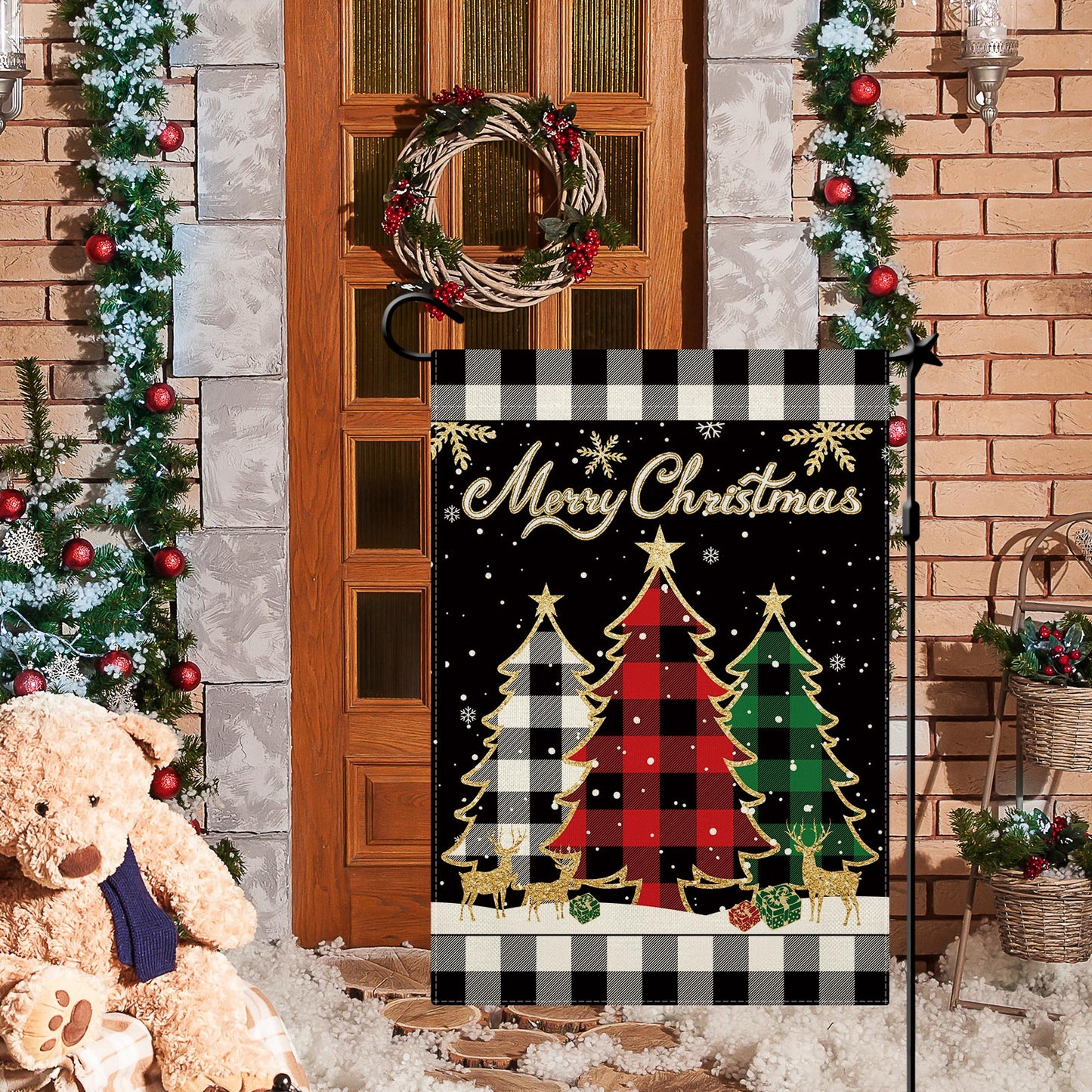 CMEGKE Merry Christmas Garden Flag Christmas Tree Garden Flags Black White Buffalo Plaid Check Double Sided Winter Yard Flag Holiday Outdoor Flag Home Farmhouse Christmas Decor Outdoor 12.5 x 18 In