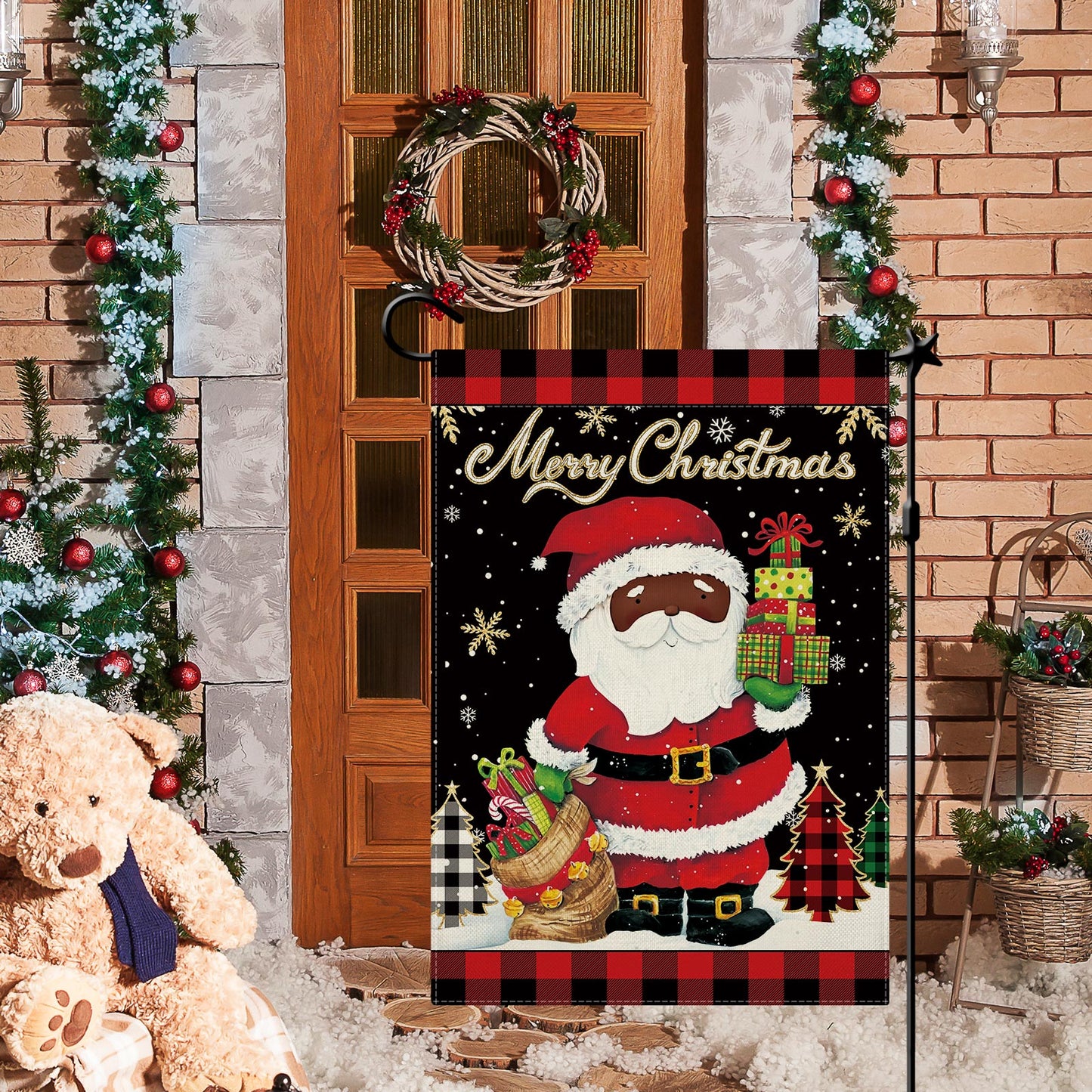 CMEGKE Cute Black Santa Garden Flag Merry Christmas Garden Flag Santa Garden Flags, Christmas Flags Double Sided Winter Yard Flag Holiday Flag Home Yard Farm Christmas Decor Outdoor 12.5 x 18 In