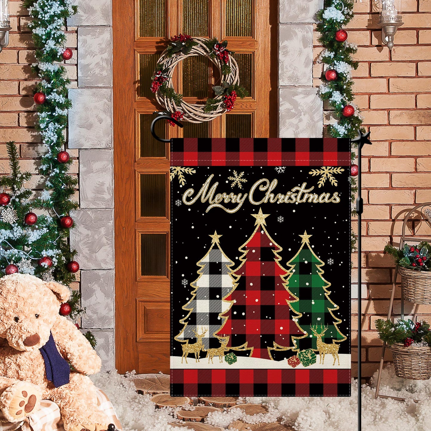 CMEGKE Merry Christmas Garden Flag Christmas Tree Garden Flags Red Buffalo Plaid Check Double Sided Winter Yard Flag Holiday Outdoor Flag Home Farmhouse Christmas Decorations Outdoor 12.5 x 18 In