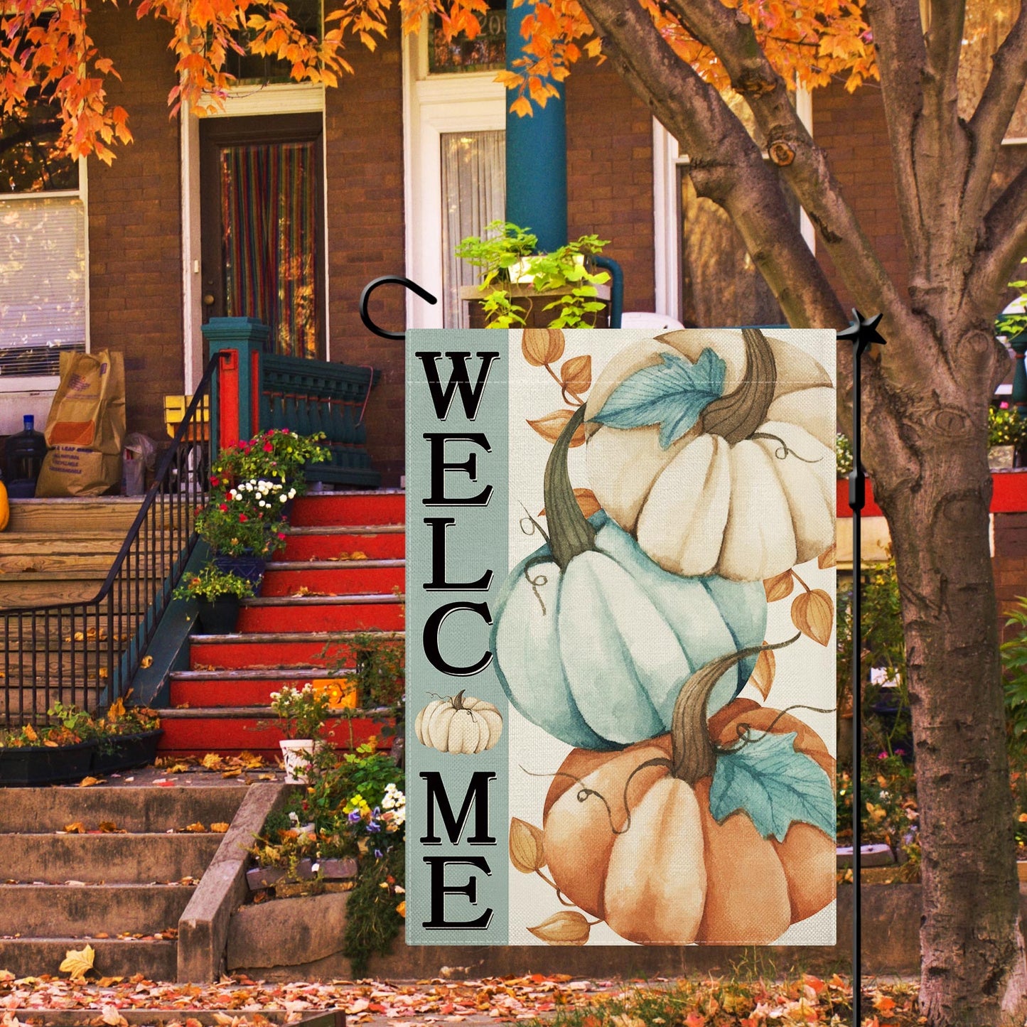 CMEGKE Fall Pumpkin Flag Welcome Pumpkins Garden Flag Thanksgiving Garden Flag Pumpkins Yard Flag, Fall Flag for Garden Double Sided Burlap Seasonal Home Yard Fall Farmhouse Outdoor Decor 12.5 x 18 In