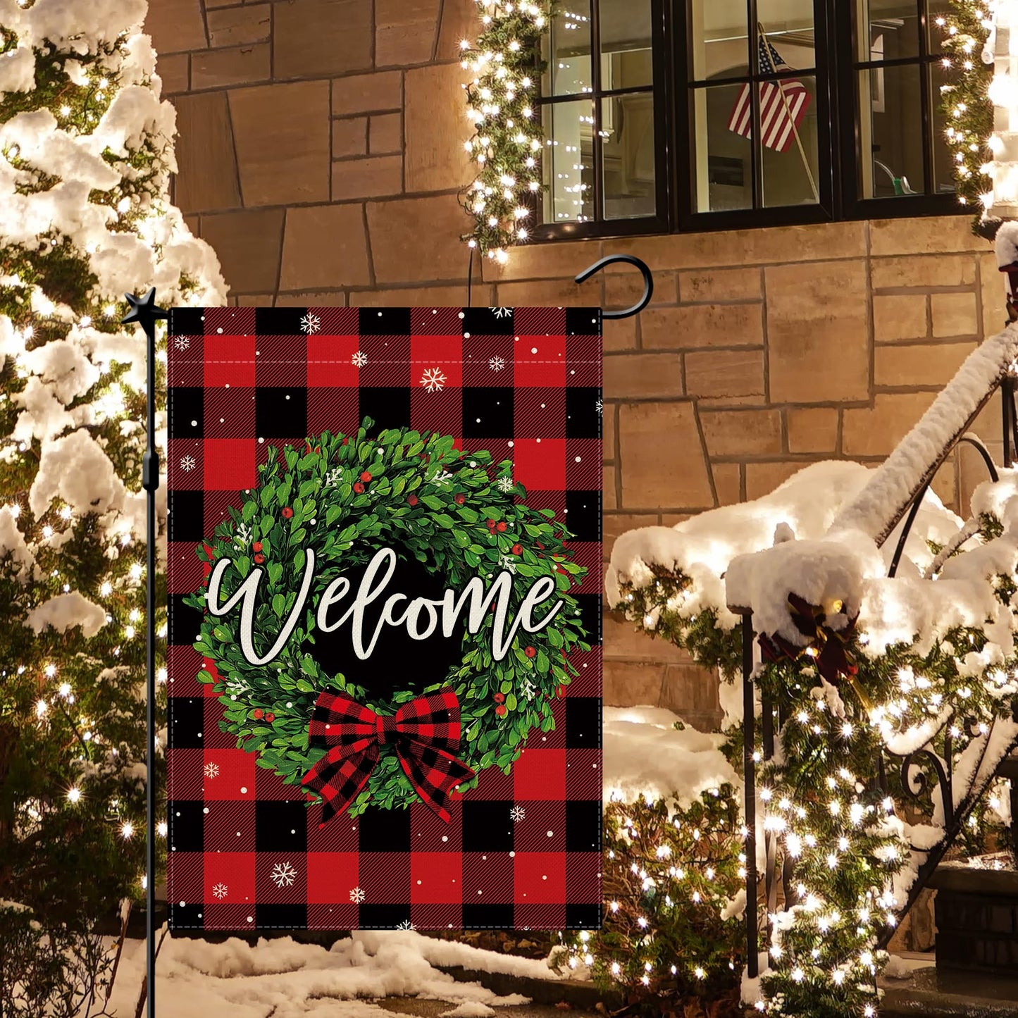 CMEGKE Christmas Garden Flag Welcome Wreath Garden Flag Red Buffalo Check Plaid Double Sided Winter Yard Flag Holiday Outdoor Flags Home Farmhouse Christmas Decorations Outdoor 12.5 x 18 In