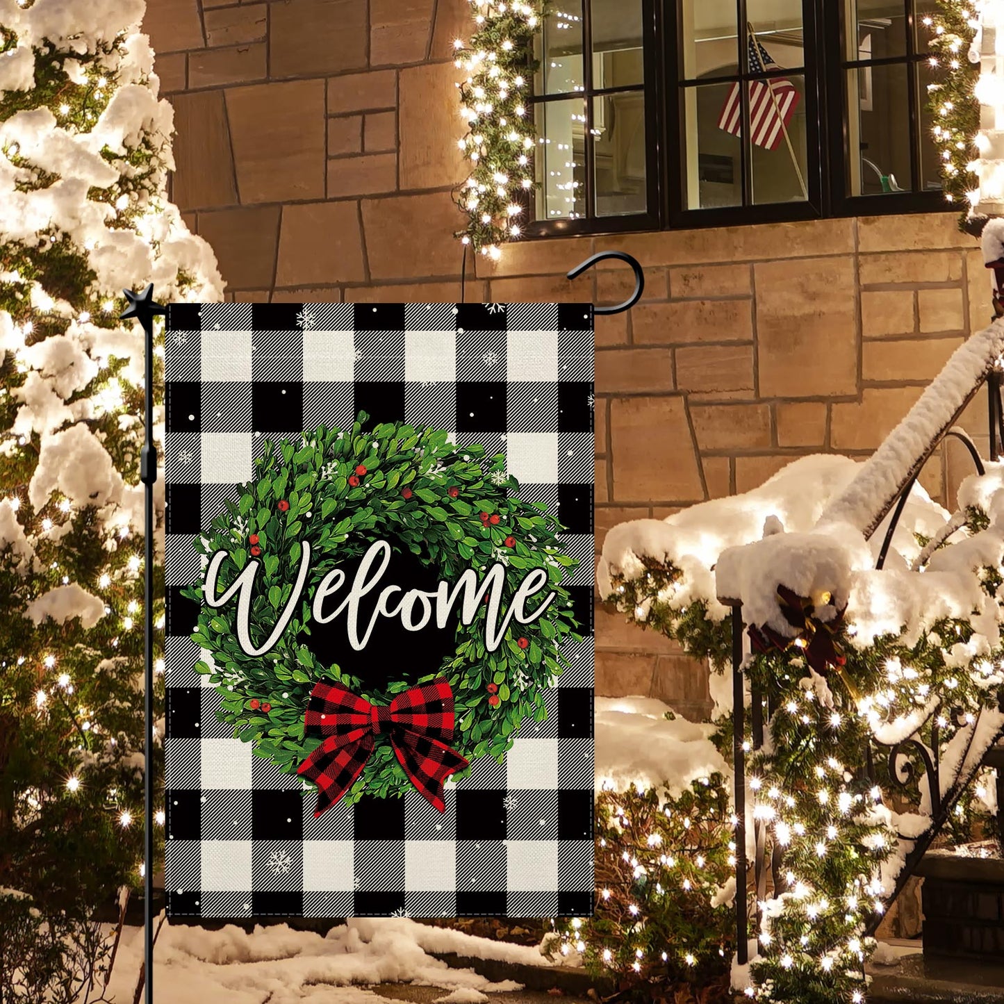 CMEGKE Christmas Garden Flags Welcome Wreath Garden Flag Black White Buffalo Plaid Check Double Sided Winter Yard Flag Holiday Outdoor Flag Home Farmhouse Christmas Decorations Outdoor 12.5 x 18 In