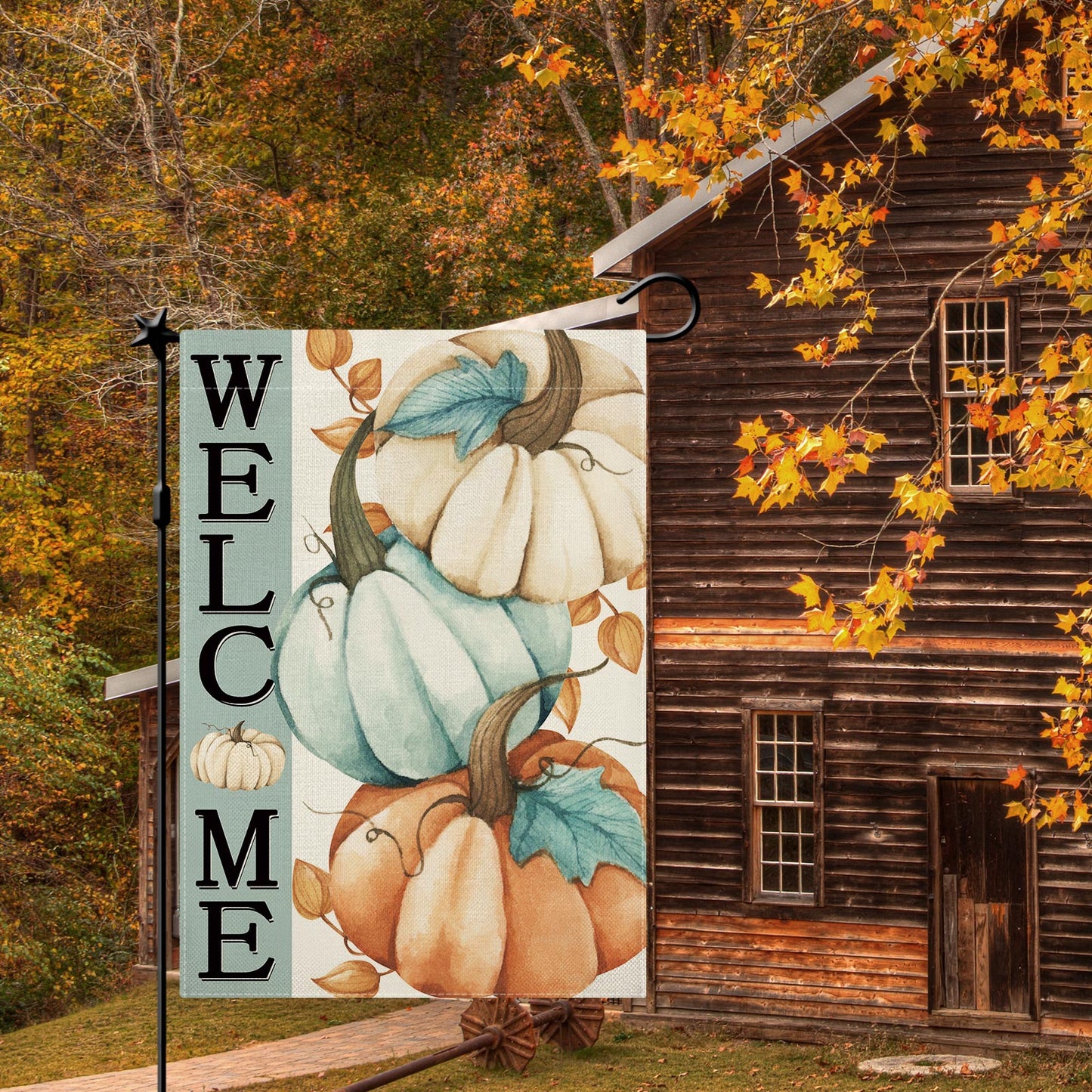 CMEGKE Fall Pumpkin Flag Welcome Pumpkins Garden Flag Thanksgiving Garden Flag Pumpkins Yard Flag, Fall Flag for Garden Double Sided Burlap Seasonal Home Yard Fall Farmhouse Outdoor Decor 12.5 x 18 In