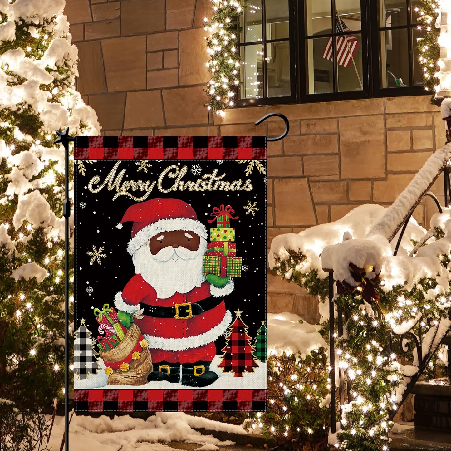 CMEGKE Cute Black Santa Garden Flag Merry Christmas Garden Flag Santa Garden Flags, Christmas Flags Double Sided Winter Yard Flag Holiday Flag Home Yard Farm Christmas Decor Outdoor 12.5 x 18 In