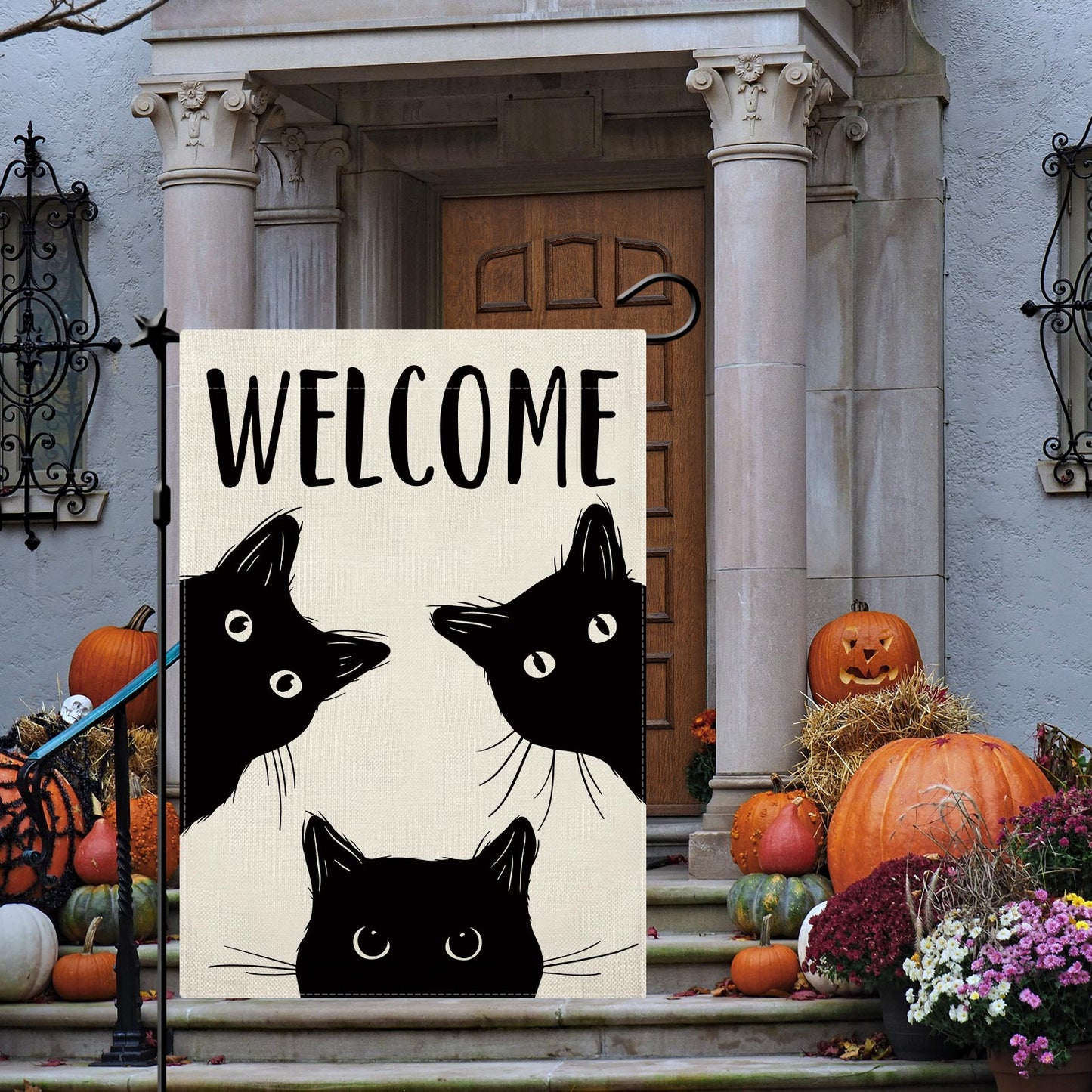 CMEGKE Black Cat Garden Flag Cat Flag Welcome Garden Flag Halloween Yard Flag Double Sided Burlap Holiday Halloween Farmhouse Home Outdoor Yard Decor Black Cat Halloween Decor 12.5 x 18 In