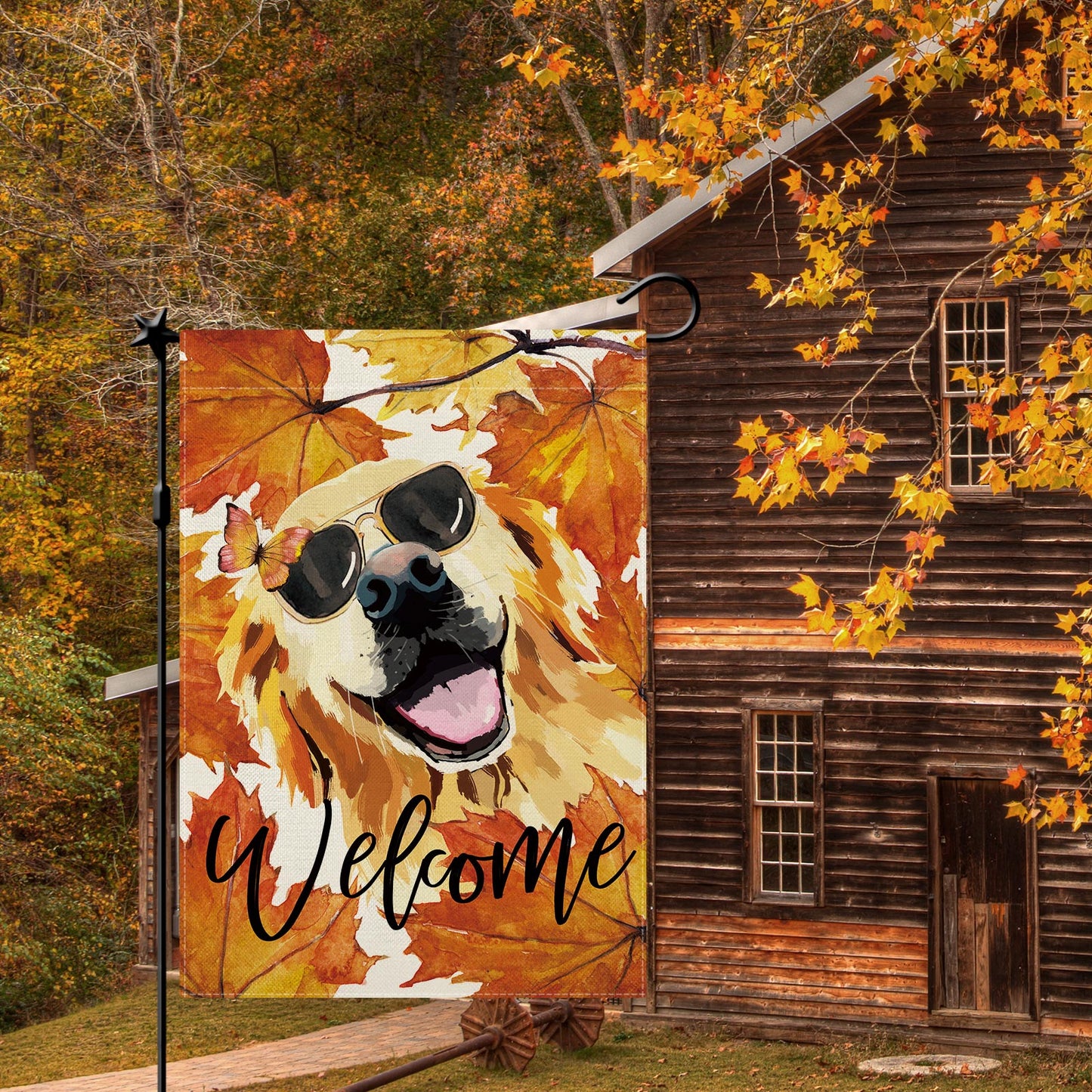 CMEGKE Fall Maple Leaf with Dog Golden Retriever Garden Flag, Fall Maple Leaf Garden Flag, Fall Dog Yard Flag Vertical Double Sided Burlap Holiday Home Yard Autumn Farmhouse Outdoor Decor 12.5 x 18 In