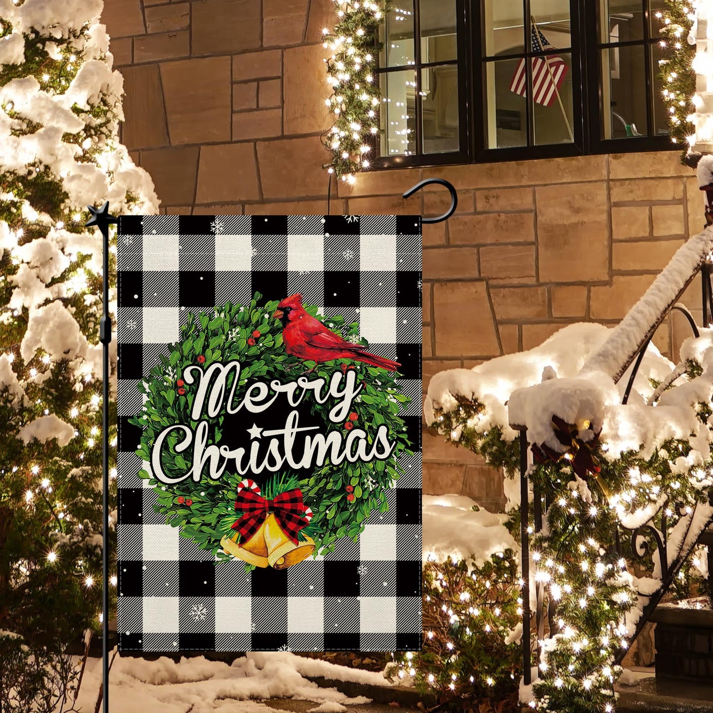 CMEGKE Merry Christmas Garden Flag Christmas Wreath Garden Flag Black White Buffalo Plaid Check Double Sided Winter Yard Flag Holiday Outdoor Flag Home Farm Christmas Decor Outdoor 12.5 x 18 In