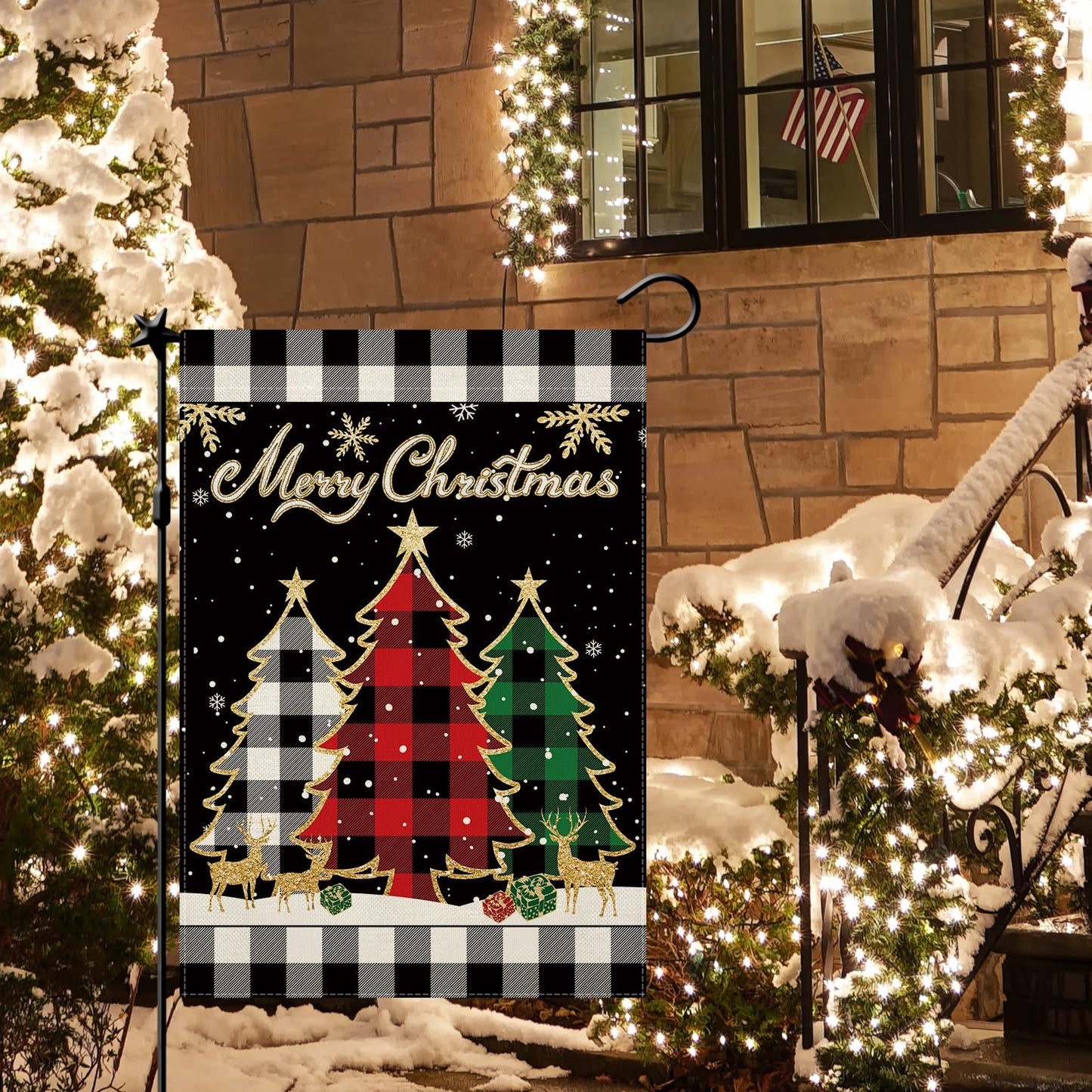 CMEGKE Merry Christmas Garden Flag Christmas Tree Garden Flags Black White Buffalo Plaid Check Double Sided Winter Yard Flag Holiday Outdoor Flag Home Farmhouse Christmas Decor Outdoor 12.5 x 18 In