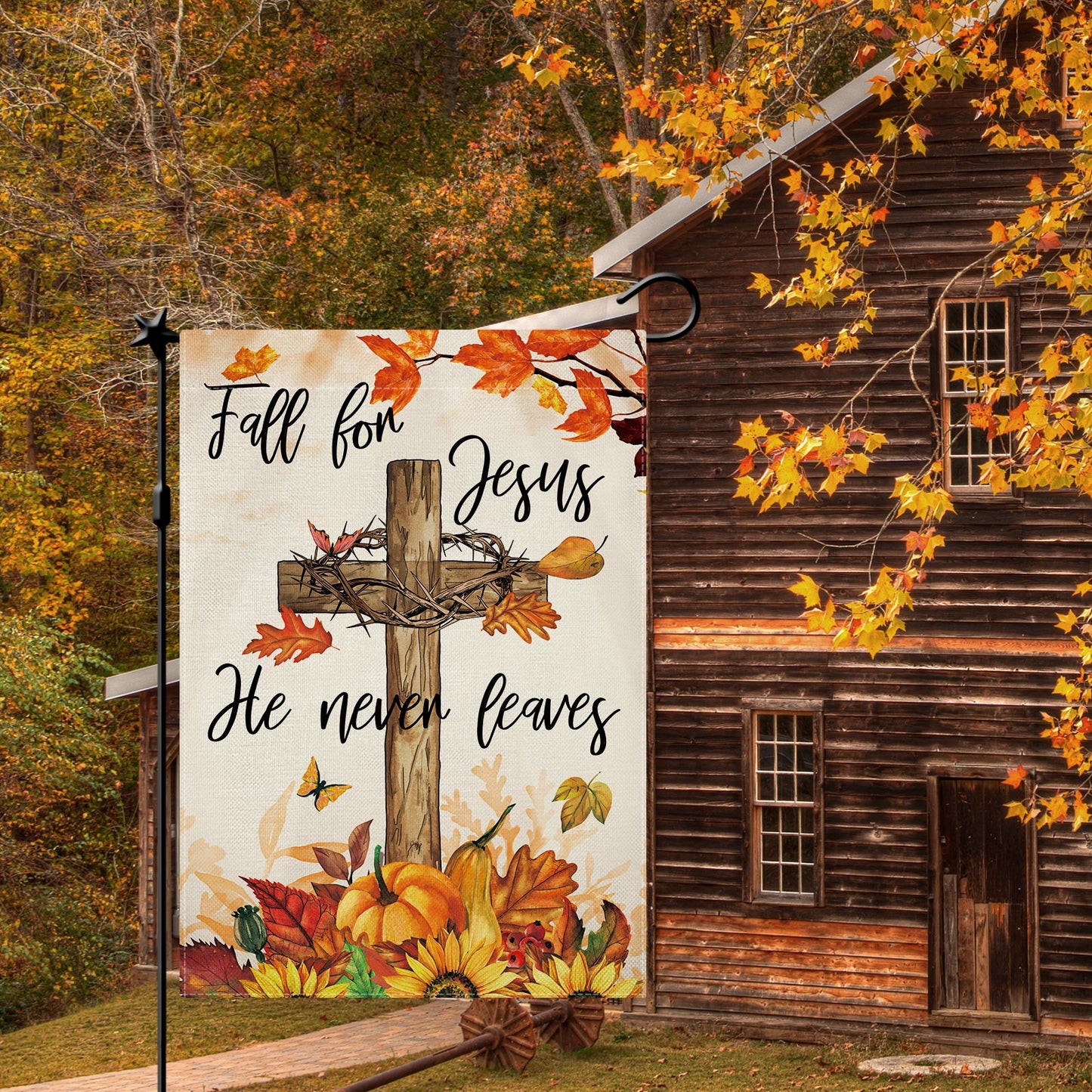 CMEGKE Fall For Jesus He Never Leaves Garden Flag Fall Pumpkin Flag Thanksgiving Garden Flag Pumpkins Yard Flag, Fall Flag for Garden Double Sided Burlap Seasonal Yard Farm Outdoor Decor 12.5 x 18 In