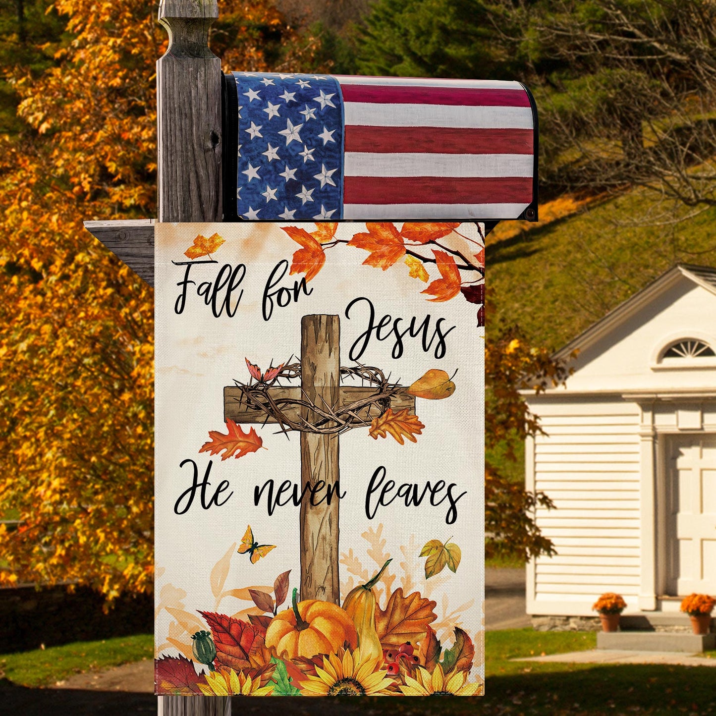 CMEGKE Fall For Jesus He Never Leaves Garden Flag Fall Pumpkin Flag Thanksgiving Garden Flag Pumpkins Yard Flag, Fall Flag for Garden Double Sided Burlap Seasonal Yard Farm Outdoor Decor 12.5 x 18 In