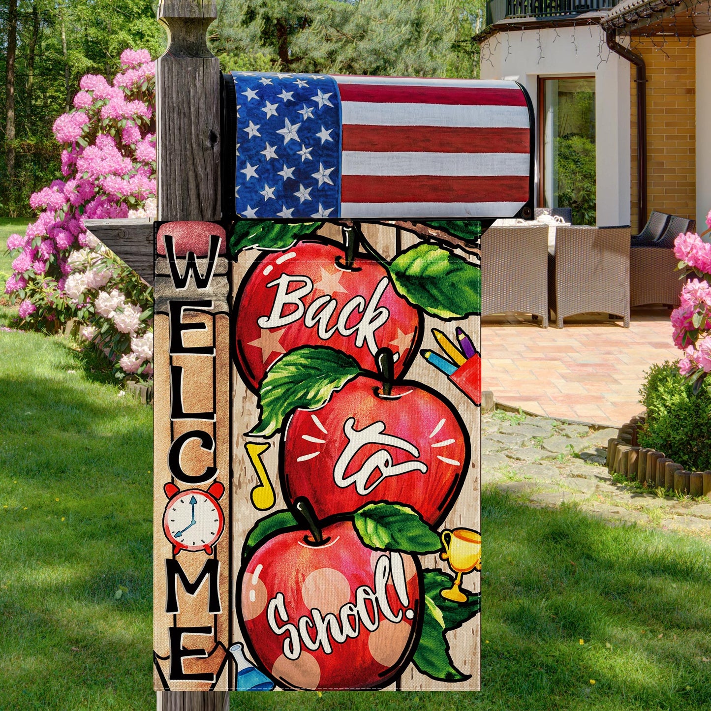 CMEGKE Back to School Garden Flag Apple Garden Flag Vertical Double Sided Burlap Holiday Fall Seasonal Farmhouse Home Outdoor Outside Party Celebration Yard Decor 12.5 x 18 In