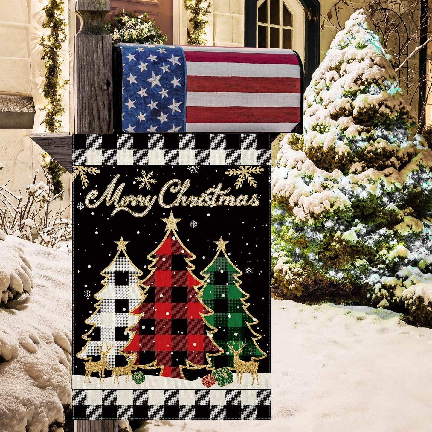 CMEGKE Merry Christmas Garden Flag Christmas Tree Garden Flags Black White Buffalo Plaid Check Double Sided Winter Yard Flag Holiday Outdoor Flag Home Farmhouse Christmas Decor Outdoor 12.5 x 18 In