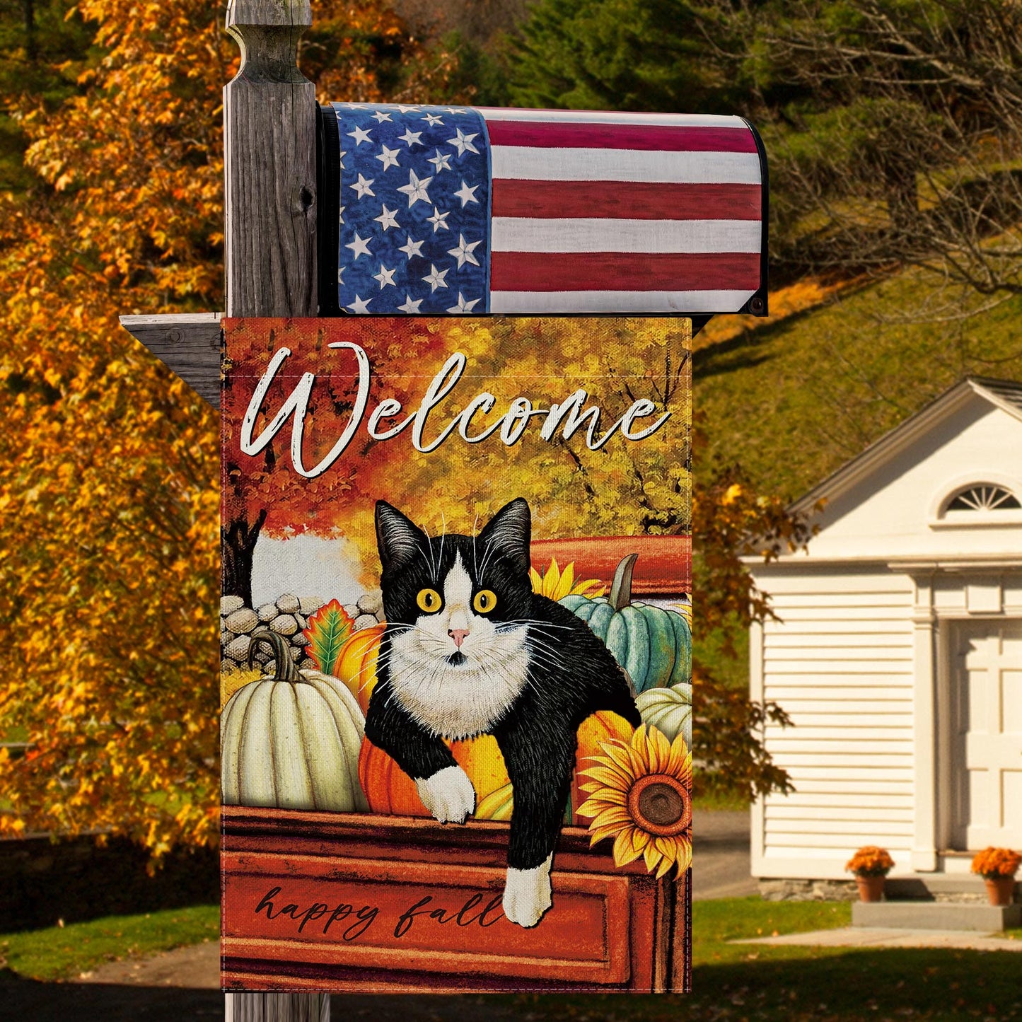 CMEGKE Fall Cat Garden Flag Cat Autumn Thanksgiving Garden Flag Hello Fall Yard Flag, Fall Flag for Garden Double Sided Burlap Seasonal Home Cat Autumn Farmhouse Outdoor Decor 12.5 x 18 In