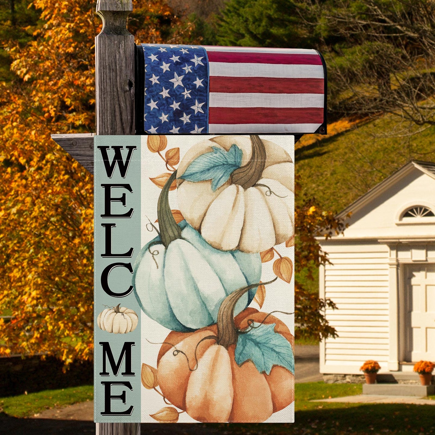 CMEGKE Fall Pumpkin Flag Welcome Pumpkins Garden Flag Thanksgiving Garden Flag Pumpkins Yard Flag, Fall Flag for Garden Double Sided Burlap Seasonal Home Yard Fall Farmhouse Outdoor Decor 12.5 x 18 In