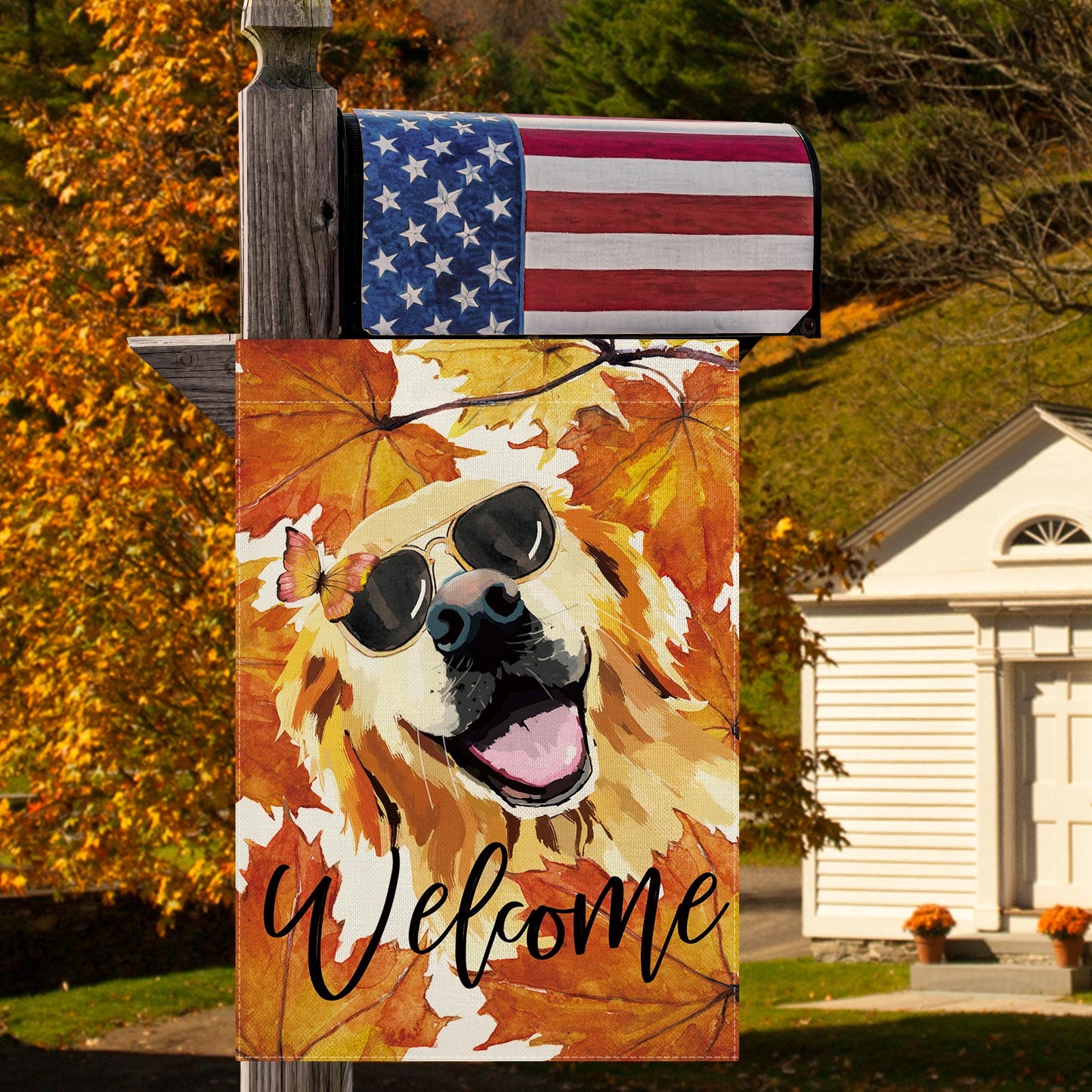 CMEGKE Fall Maple Leaf with Dog Golden Retriever Garden Flag, Fall Maple Leaf Garden Flag, Fall Dog Yard Flag Vertical Double Sided Burlap Holiday Home Yard Autumn Farmhouse Outdoor Decor 12.5 x 18 In