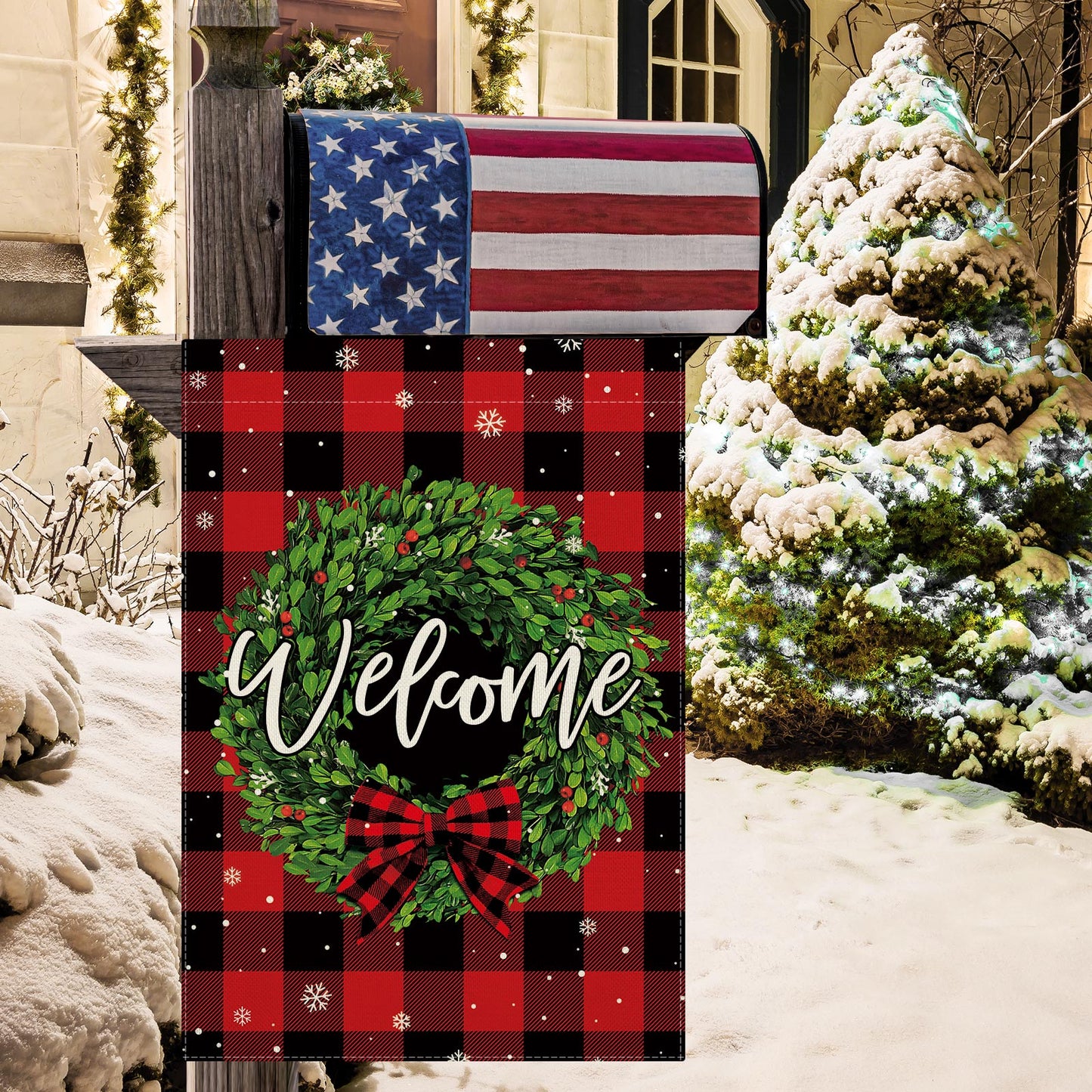 CMEGKE Christmas Garden Flag Welcome Wreath Garden Flag Red Buffalo Check Plaid Double Sided Winter Yard Flag Holiday Outdoor Flags Home Farmhouse Christmas Decorations Outdoor 12.5 x 18 In