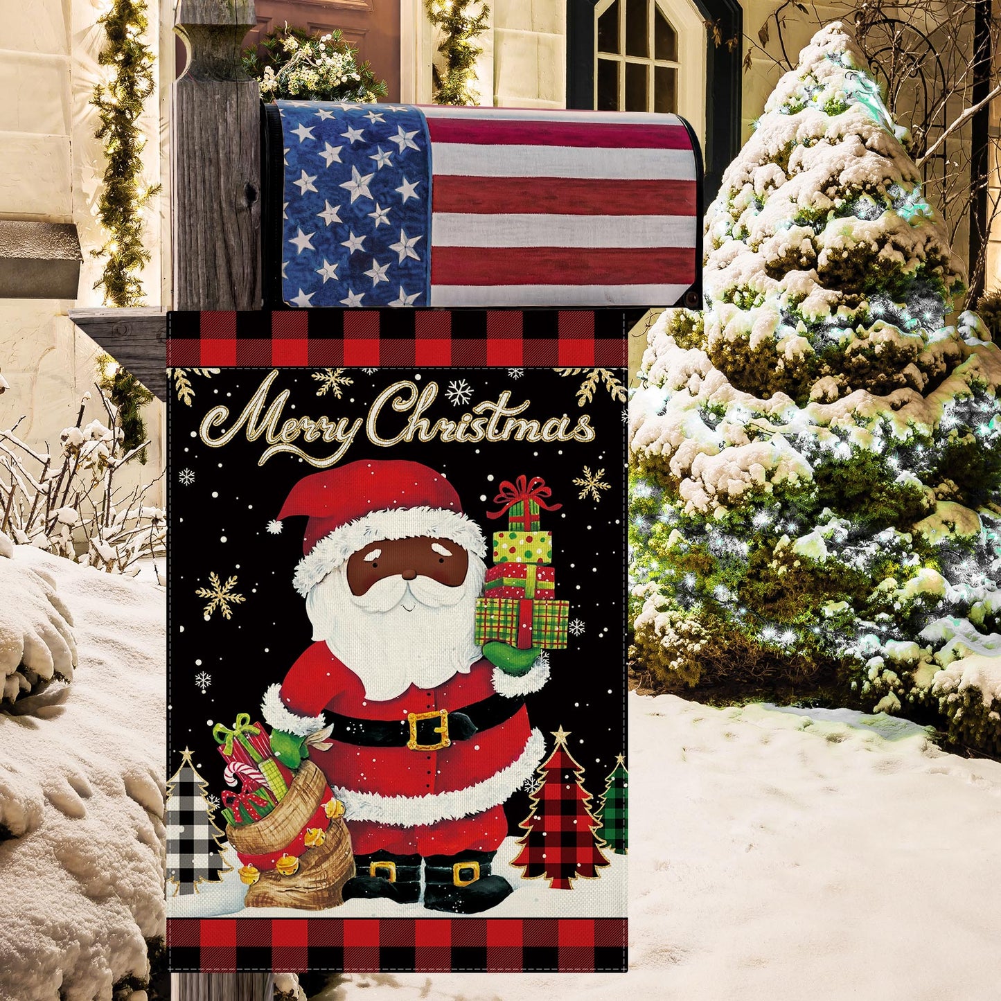 CMEGKE Cute Black Santa Garden Flag Merry Christmas Garden Flag Santa Garden Flags, Christmas Flags Double Sided Winter Yard Flag Holiday Flag Home Yard Farm Christmas Decor Outdoor 12.5 x 18 In