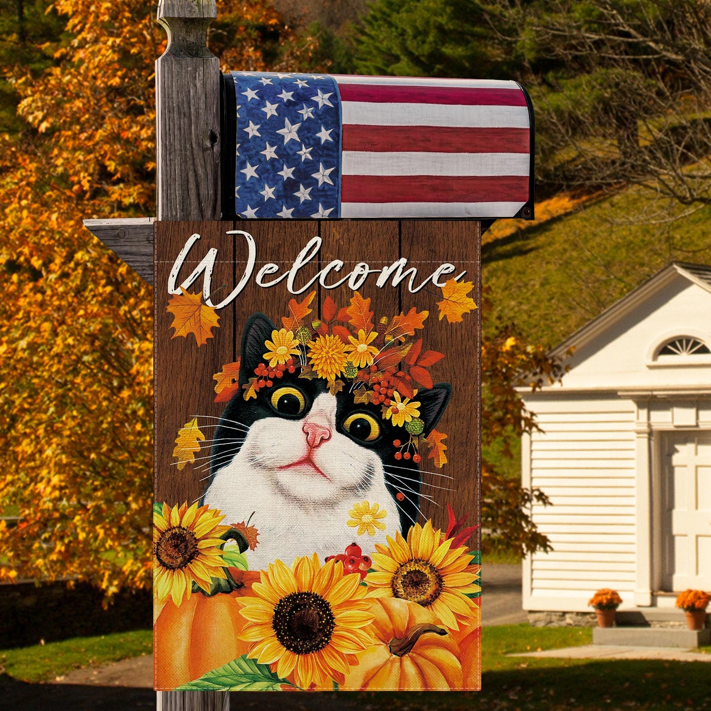 CMEGKE Fall Cat Garden Flag Cat Flag Autumn Thanksgiving Garden Flag Maple Leaves Pumpkins Yard Flag, Fall Flag for Garden Double Sided Burlap Seasonal Home Autumn Farmhouse Outdoor Decor 12.5 x 18 In