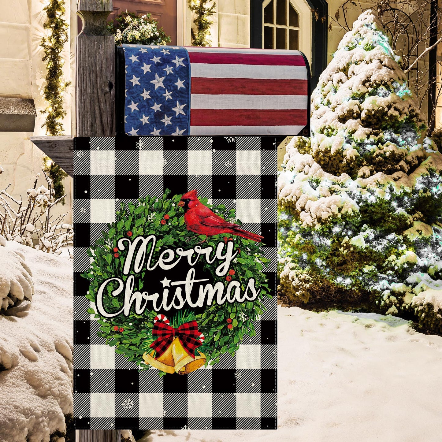 CMEGKE Merry Christmas Garden Flag Christmas Wreath Garden Flag Black White Buffalo Plaid Check Double Sided Winter Yard Flag Holiday Outdoor Flag Home Farm Christmas Decor Outdoor 12.5 x 18 In