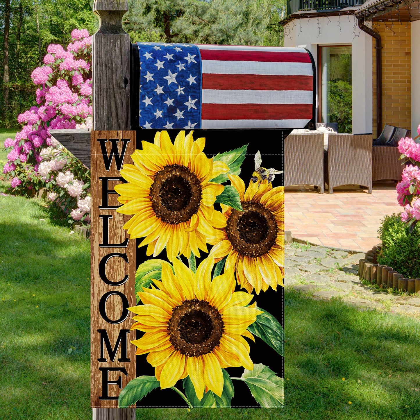 CMEGKE Sunflower Garden Flag, Sunflower Welcome Garden Flag, Sunflower Black Garden Flag Spring Summer Vertical Double Sided Burlap Party Holiday Yard Home Farmhouse Outside Decor 12.5 x 18 In