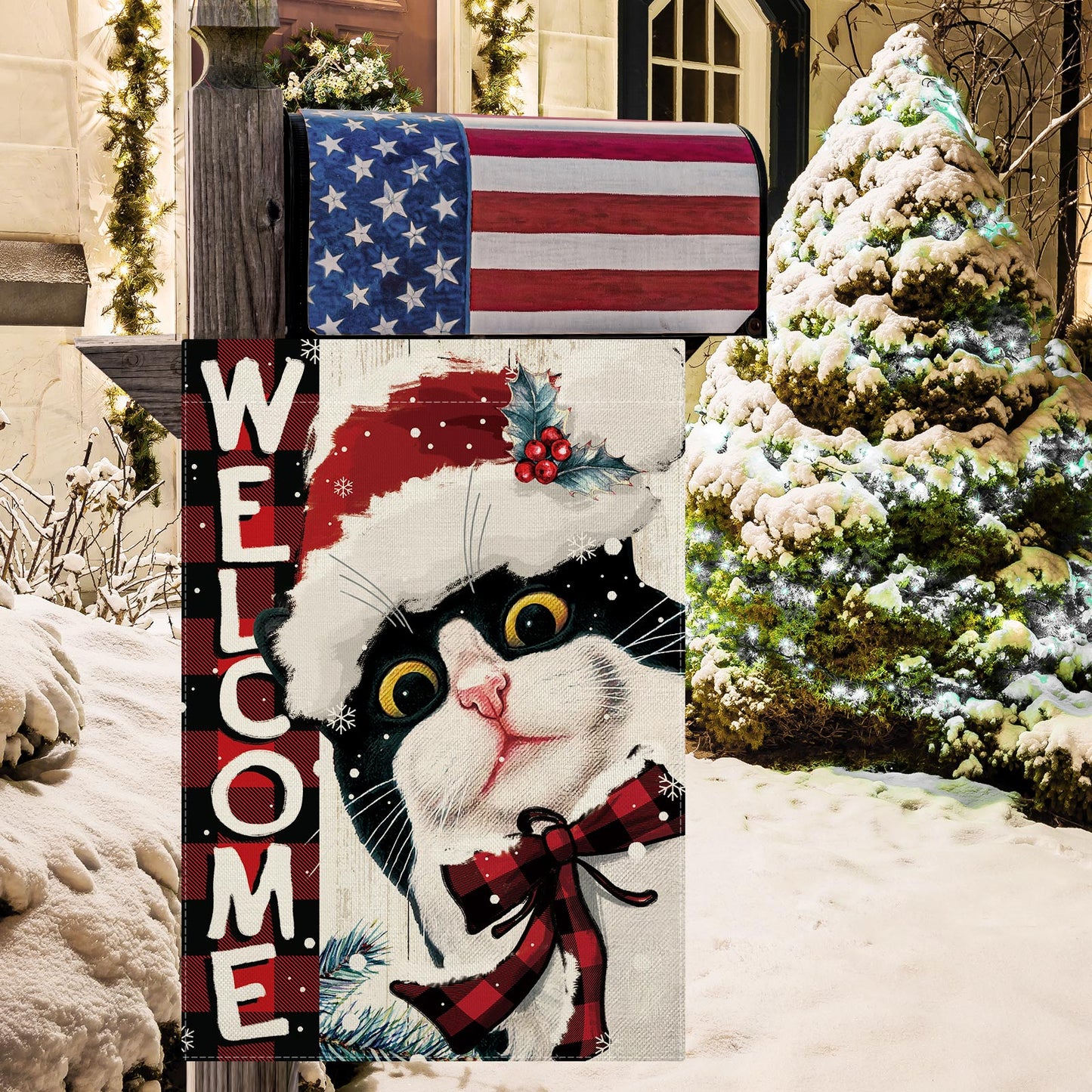 CMEGKE Christmas Cat Garden Flag Merry Christmas Cat Garden Flag, Christmas Garden Flags for Outside Double Sided Winter Yard Flag Xmas Holiday Flag Home Yard Farm Christmas Decor Outdoor 12.5 x 18 In