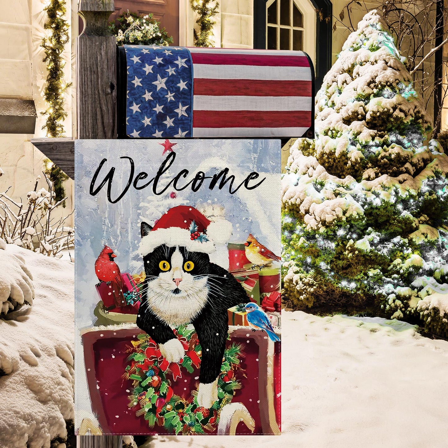 CMEGKE Merry Christmas Cat Garden Flag, Christmas Cat Flag Christmas Garden Flags for Outside Double Sided Winter Yard Flag Xmas Holiday Flag Home Yard Farm Christmas Decorations Outdoor 12.5 x 18 In