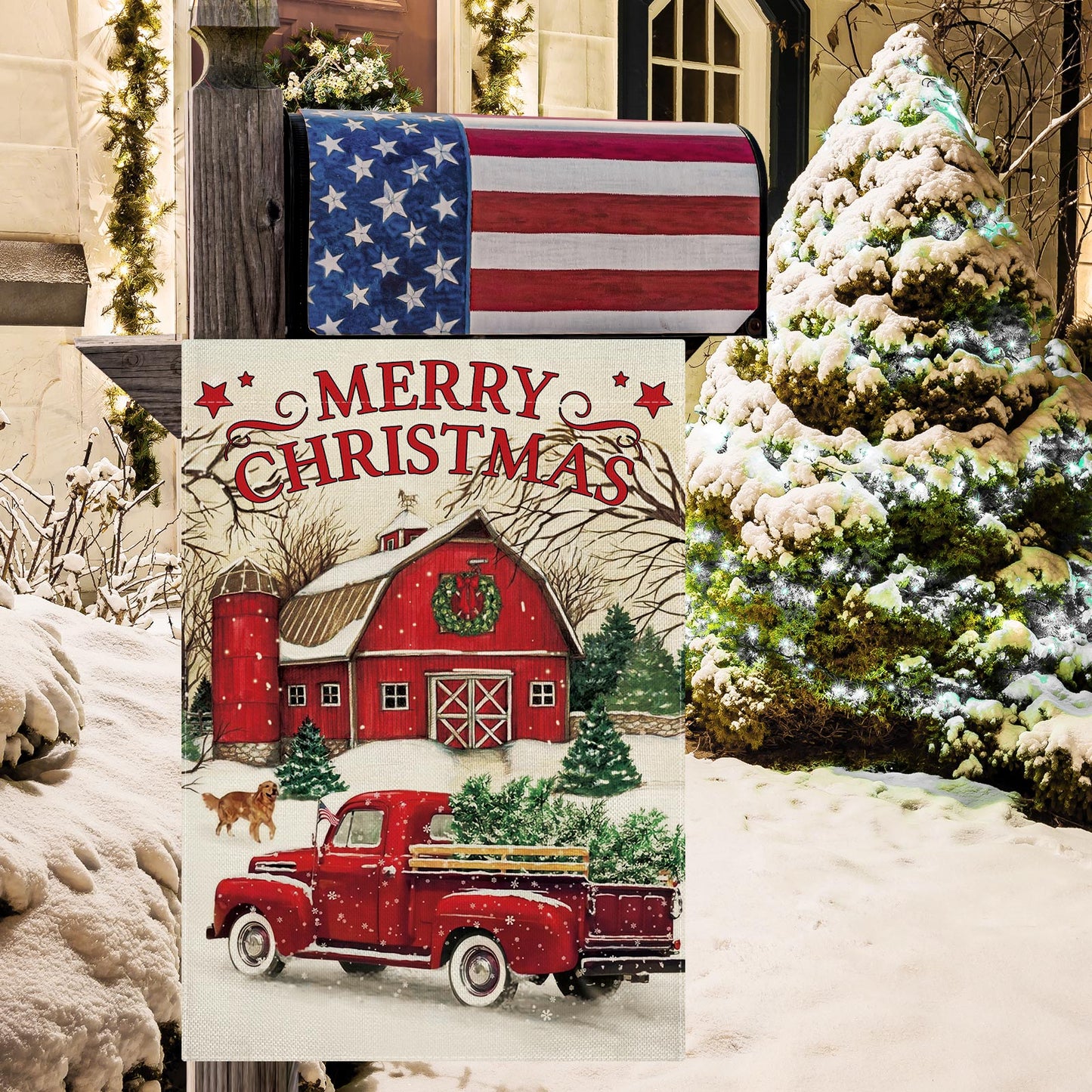 CMEGKE Merry Christmas Garden Flag, Xmas Red Truck Garden Flags, Christmas Flags Double Sided Winter Rustic Flags Holiday Outdoor Flag Home Yard Farmhouse Christmas Decorations Outdoor 12.5 x 18 In